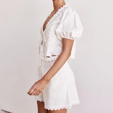 MQTIME  -  Summer Cotton Cut-out Stitching Design Sense Set Women's Summer New V-neck Short Sleeve Lace-up Top Shorts Two-piece Set