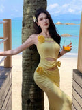 MQTIME  -  Women Yellow Sexy Club Backless Vacation Slip Dress 2024 Summer New Retro Flower Hollow Out Wrap Hip Fishtail Long Dresses Trend