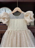 MQTIME  -  Girls Princess Long Dress Fashion Bow Sequin Puff Sleeve Tutu High End Formal Party Gown Ball New Style Children Evening Dress