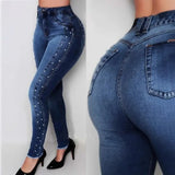MQTIME  -  Fashion Jeans Pants Woman High Waist Slim Skinny Elastic Denim Trousers Femme Vintage Leisure Blue Beading Women Pencil Jeans