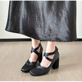 MQTIME  -  Ballet Style Fashion Satin Cross Strap Women Pumps Spring Summer Mary Janes Thick High Heels Lolita Ballet Dancing Chunky Shoes