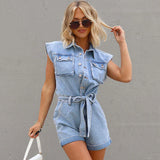 Mqtime  Casual Polo Collar Button-Up With Pockets Summer Jean Romper Women Flying Sleeve Belt Denim Playsuit