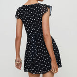 MQTIME  -  Luxury Women Casual Dot Print Short Dress Lace Slim V Neck Flying Sleeve A-line Mini Dress for Daily Party Club