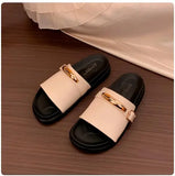 MQTIME  -  Women's Black PU Flat Sandals Comfortable Summer Beach Shoes Casual Euro-American Style Metal Buckle