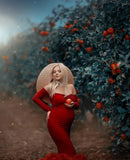 Mqtime Red Mermaid Maternity Dresses for Photo Shoot with Removable Sleeves Side Slit Ruffles Train Babyshower Dress for Photoshoot