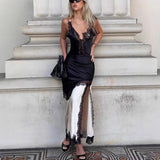  MQTIME  -  Hollow Out Lace Long Dress Women Autumn Contrast Color Deep V Neck Maxi Dress Party Sexy Side Slit Backless Dress