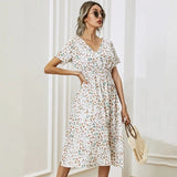 Mqtime -women's Floral Print Dress, Shirred Waist, Flared Hem Dress, Summer Holiday, Short Sleeve, V-neck, A-line Long Dress