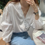 MQTIME  - Summer Boho Style White Blouse for Women Elegant V-neck Hollowed Out Lace Hook Flower Loose Shirt Vacation Beach Chemises