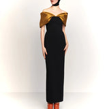 MQTIME  -  Fashion Slim One Shoulder Party Dress Women Sexy Stitching Satin High Waist Silk Dress Elegant Contract Color Long Dress
