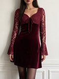 MQTIME  -  Sweet Solid Long Sleeved Slim Dress Luxury Velvet Tied Waist Cinch A-Line Dress Elegant Square Collar Lace Splice Evening Dress