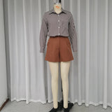 MQTIME  -  2 Piece Set Women Summer Cacual Lapel Shirts Long Sleeves Single Breasted Button Top With Pockets Shorts Pants Sets