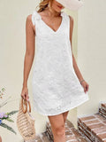 MQTIME  -  Summer Lace Dress V Neck Sleeveless Boho Cotton Dress Embroidery Hollow Out Lace-up Vestidos Lose Fit Robe Femme Été