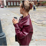 MQTIME  -  Fashion Zippers Short Leather Jackets Women Elegant Lapel Pocket Long Sleeve Coat Autumn New Lady Casual Urban Tops Outwear