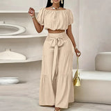 MQTIME  -  Fashion Streetwear Tie Up Commuter Outfit New Summer Solid Loose Two Piece Women's Casual Short Sleeve Top + Wide Leg Pants Suit