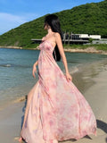 MQTIME  -  New Summer Pink Print Split Beach Dresses For Women Flower Halter-Neck Holiday Long Dress  French Elegant Female Clothes 2024