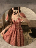 MQTIME  -  Elegant Red Plaid Midi Dresses for Women Lace Patchwork V-neck A-line Sweet Casual Summer New Party Dress Kawaii Vestidos Mujer