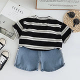 MQTIME  -  2Piece Sets Summer Toddler Boy Outfits Korean Fashion Stripe Cartoon Short Sleeve Baby Tops+Denim Shorts Kids Clothes BC2129