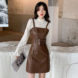 MQTIME  - Sexy Pu Faux Leather Overalls Spring Sexy Woman Pleated Suspension Skirt 2023 Ladies Retro Faux Leather Y2k Skirts Womens Dress