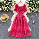 MQTIME  -  Summer Elegant Hollow Out Embroidery Lace Long Dresses Women Holiday Short Sleeve Flower Retro Evening Party Female Vestidos