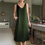MQTIME  -  Retro Solid Color Lady V Neck Loose Suspenders Dress Sexy Hollow Out Sleeveless Summer Dress Casual Street Pocket Pullover Dress