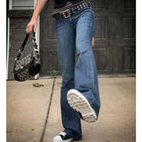 MQTIME  -  Womens Y2K Grunge Casual Denim Flared Long Pants Solid Color Skinny Low Waist Bell Bottom Jeans Trousers with Pockets