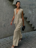MQTIME  -  Fashion Solid Elastic Waist Wide Leg Loose Pants Suit Women Sleeveless Off Shoulder Ruffles Deep V-neck Top Sets New Street Wear