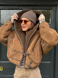 MQTIME  -  Brown Faux Shearling Trimmed Horn Button Short Jacket Women Patchwork Full Sleeve Oversize Coat Winter Cozy Stylish Outerwear