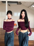 MQTIME - Harajuku Vintage T Shirt Women Off Shoulder With Choker Long Sleeve Crop Tops Korean Style Streetwear Retro Tee Shirt 2000s