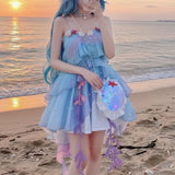 MQTIME  -  Mermaid Cosplay Camisole Dress Women Starfish Shell Pearl Lace Ruffle Spaghetti Straps Slim Mini Dress Cosplay Party Outfit
