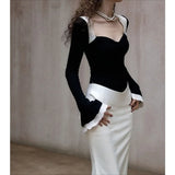 MQTIME  -  A Complete Set of Korean Deep Winter Wear High-end Rich Daughter Small Fragrance Black Lace Knitted Sweater Set.