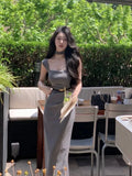 MQTIME  -  Summer New Korean Elegant Sex Appeal Dresses Simple Solid Color Evening Party Prom Vestidos Women Chic One Piece Clothing