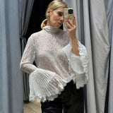 MQTIME  -  French Elegant Sexy Lace See-Through Blouse Ribbon Women's Fashion Ruffled Long Sleeve Top Luxury Party Female Chic Solid Top