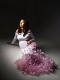 MQTIME  -  Romantic Pink Petals Maternity Dress Photoshoot Off Shoulder White Pregnancy Dress