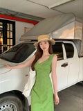 MQTIME  -  Green hollow V-neck suspender dress for women's summer sexy long Dress tie up wrap around buttocks Dress