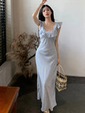 Mqtime Elegant Floral Sleeveless Long Dress Women Square Collar Ruffles Vocation Beach Slim Dresses Female Summer Vestidos Clothes