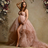 MQTIME  -  Charming Pink Tulle Maternity Robes A Line Sleeveless Pregnancy Women Photoshoot Gowns Sexy Front Split Baby Shower Dresses