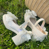 MQTIME  -  Comfortable Round Toe Block Heels Chunky Pumps Women's Lolita Bow Pearl Chain Embellished Low Heel Wedding Party Dress Shoes