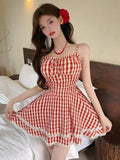 MQTIME  -  Plaid Dresses Women Bandage Sleeveless Slim Lace Patchwork Summer Fashion Sweet Elegant Party Mini Dress Female Casual