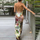 MQTIME  -  Sexy Hollow Out Sleeveless Evening Dress Elegant Backless Women Suspender Dress French Style Floral Printed Deep V Halter Dress