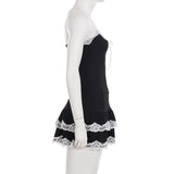  MQTIME  -  Lace Square Neck Lace-up Splicing Suspender Pleated Skirt