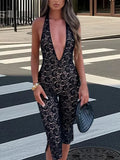 MQTIME  -  Fashion Hot Girl Lace Halter Neck Jumpsuits Women Sexy Deep V-neck Backless Package Hip Slim Seven-point Pants Jumpsuit