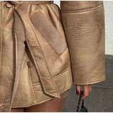 MQTIME  -  Fashion Retro Leather Women's Coat Winter Warm Windproof Plush Lining Coats with Belt Women Solid Turndown Collar Outerwears