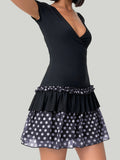 MQTIME  -  Women Dot Print Summer Dress Slim Deep V Neck Short Sleeve A-line Mini Layered Ruffle Dresses