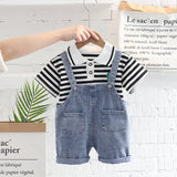 MQTIME  -  2Piece Summer Toddler Boy Outfits Korean Fashion Stripe Short Sleeve Cotton Baby Tops+Denim Overall Boutique Kids Clothing B071