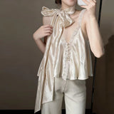 MQTIME  -  French Style Retro Silk Patchwork Lace Tops Sleeveless Vest Shirt Sexy Summer Women Pullovers Blouse