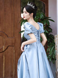 MQTIME  -  Luxury Blue Satin Princess Dress Women Elegant Square Collar Satin Pearlized Long Evening Dresses Quinceanera Stage Prom Gown