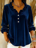 MQTIME  -  New Corduroy Solid Pullovers Elegant Lantern Long Sleeve Loose Tops Autumn New Simple V-neck Ruffles Commute Tops For Women