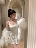 MQTIME  - Sexy White Club Outfits for Women Summer Ballet Style Patchwork Fishbone Waist Fluffy A-line Short Dress Sweet Y2k Mini Dress