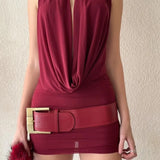 MQTIME  -  Women Halter Neck Ruched Mini Dress Sleeveless Deep V-neck Cowl Neck Waist Belt Bodycon Dresses Lady Evening Party Gowns