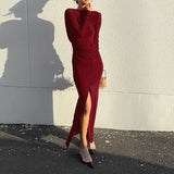 MQTIME  -  Sexy Backless Solid Slim Banquet Dress Lady Elegant Long Sleeve Split Evening Dress Autumn New Pleated O-neck Party Maxi Dresses